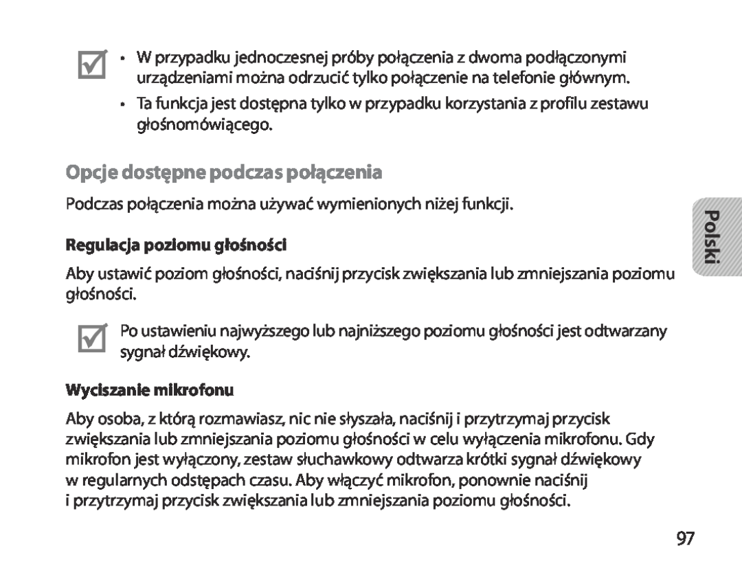 Samsung BHM3700EDRCSER manual Opcje dostępne podczas połączenia, Polski, Regulacja poziomu głośności, Wyciszanie mikrofonu 