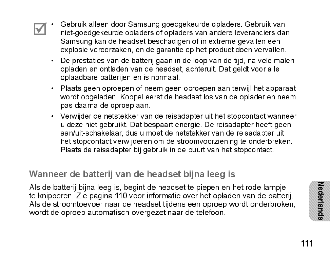 Samsung BHM5000EBECXEH, BHM5000EBECXEF, BHM5000EBECFOP, BHM5000EBECXEE manual Wanneer de batterij van de headset bijna leeg is 