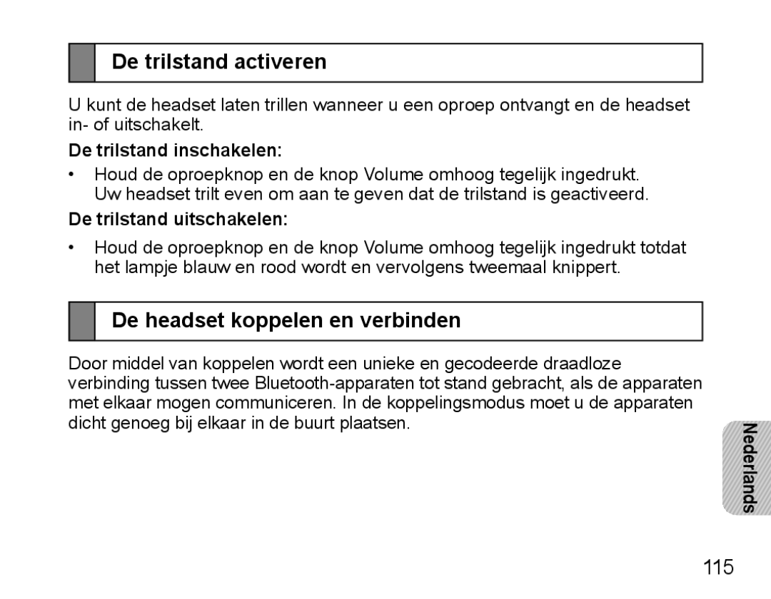 Samsung BHM5000EBECXEE De trilstand activeren, De headset koppelen en verbinden, De trilstand inschakelen, Nederlands 