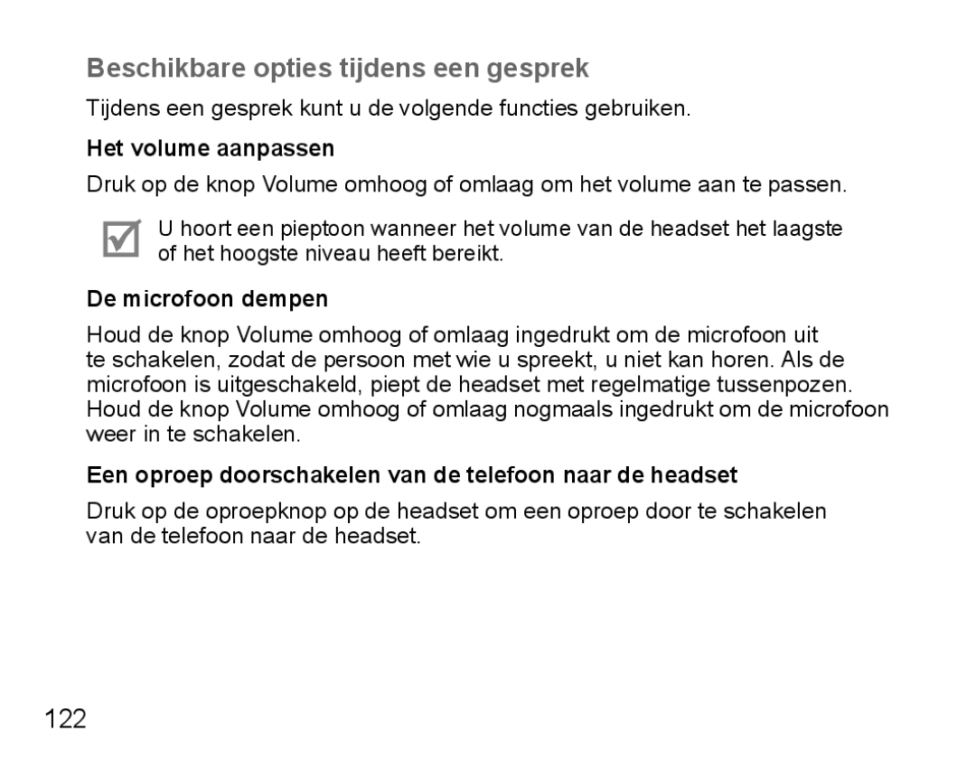 Samsung BHM5000EBRCSER, BHM5000EBECXEF Beschikbare opties tijdens een gesprek, Het volume aanpassen, De microfoon dempen 