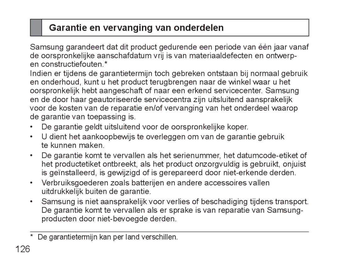 Samsung BHM5000EBECXEH, BHM5000EBECXEF, BHM5000EBECFOP, BHM5000EBECXEE, BHM5000EBRCSER Garantie en vervanging van onderdelen 