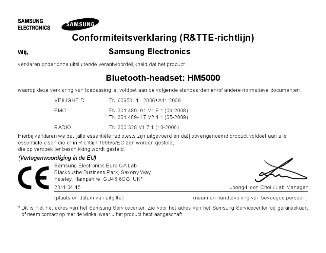 Samsung BHM5000EBECXEH, BHM5000EBECXEF, BHM5000EBECFOP Conformiteitsverklaring R&TTE-richtlijn, Bluetooth-headset HM5000 