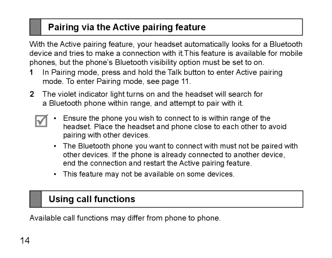 Samsung BHM5000EBECFOP, BHM5000EBECXEF, BHM5000EBECXEE manual Pairing via the Active pairing feature, Using call functions 