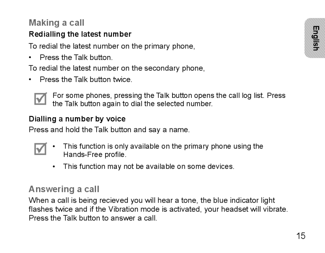 Samsung BHM5000EBECXEE manual Making a call, Answering a call, Redialling the latest number, Dialling a number by voice 