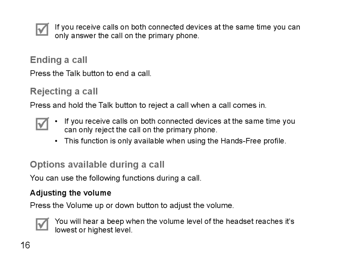 Samsung BHM5000EBECXEH manual Ending a call, Rejecting a call, Options available during a call, Adjusting the volume 