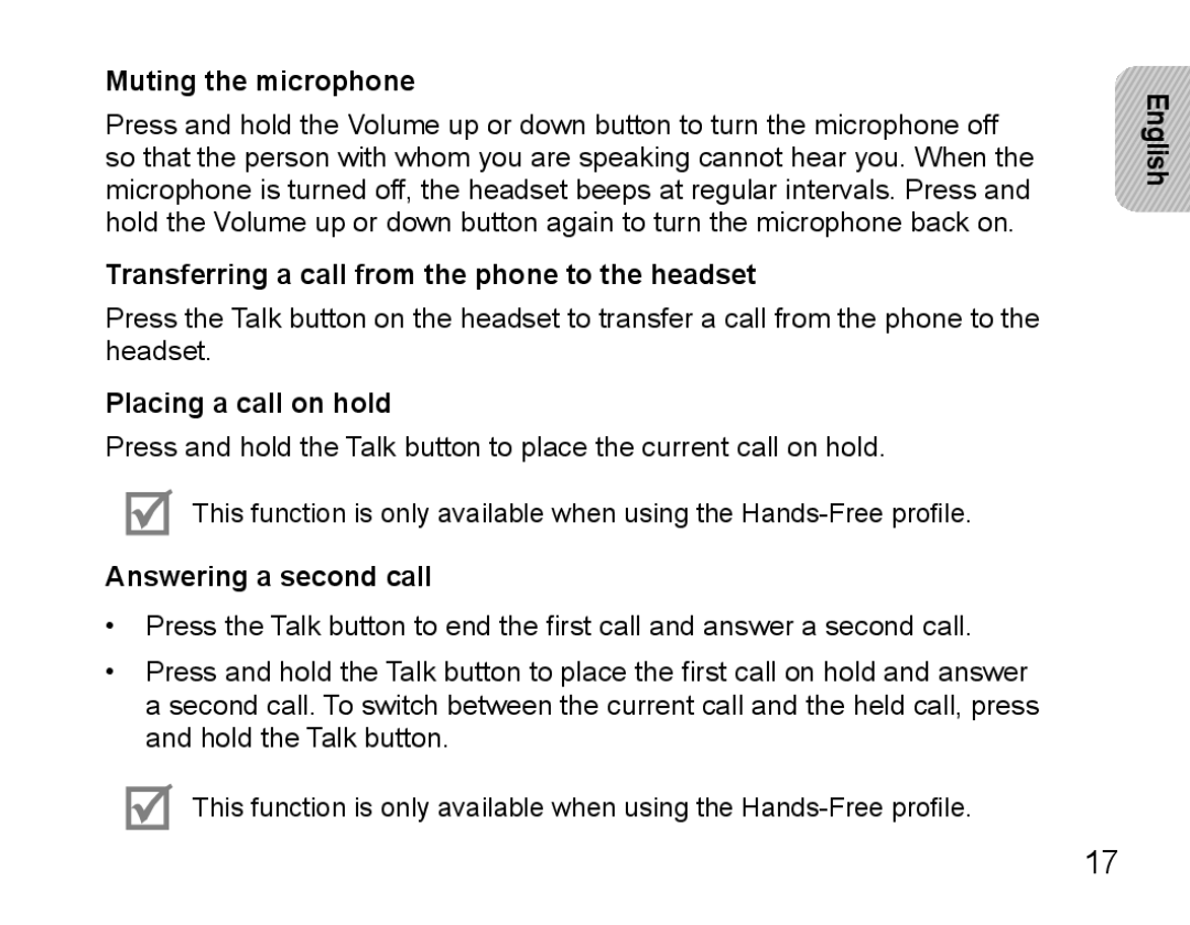 Samsung BHM5000EBRCSER Muting the microphone, Transferring a call from the phone to the headset, Placing a call on hold 