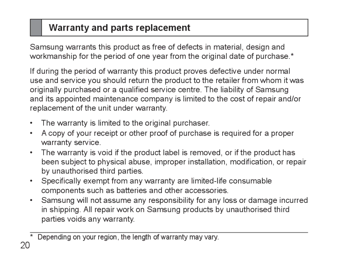 Samsung BHM5000EBECXEE, BHM5000EBECXEF, BHM5000EBECFOP, BHM5000EBECXEH, BHM5000EBRCSER manual Warranty and parts replacement 