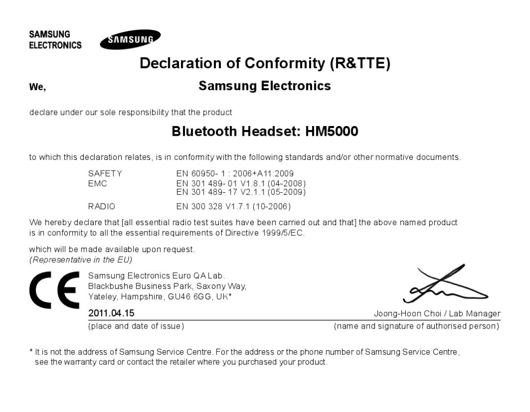 Samsung BHM5000EBECFOP, BHM5000EBECXEF manual Declaration of Conformity R&TTE, Bluetooth Headset HM5000, Samsung Electronics 