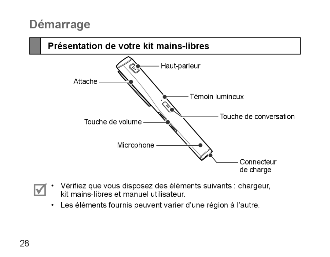 Samsung BHM5000EBECXEF, BHM5000EBECFOP, BHM5000EBECXEE, BHM5000EBECXEH Démarrage, Présentation de votre kit mains-libres 