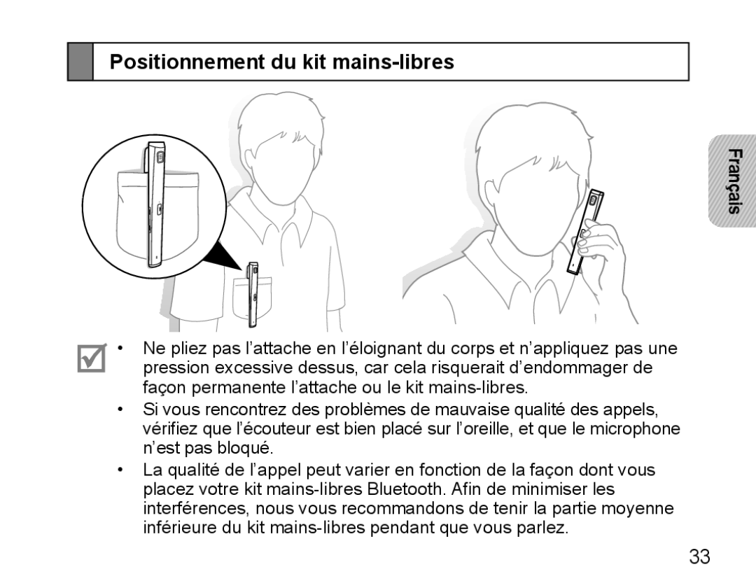 Samsung BHM5000EBECXEF, BHM5000EBECFOP, BHM5000EBECXEE, BHM5000EBECXEH, BHM5000EBRCSER Positionnement du kit mains-libres 