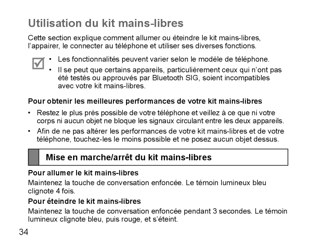 Samsung BHM5000EBECFOP, BHM5000EBECXEF manual Utilisation du kit mains-libres, Mise en marche/arrêt du kit mains-libres 