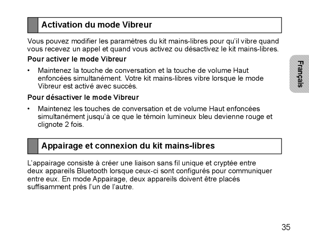 Samsung BHM5000EBECXEE, BHM5000EBECXEF manual Activation du mode Vibreur, Appairage et connexion du kit mains-libres 