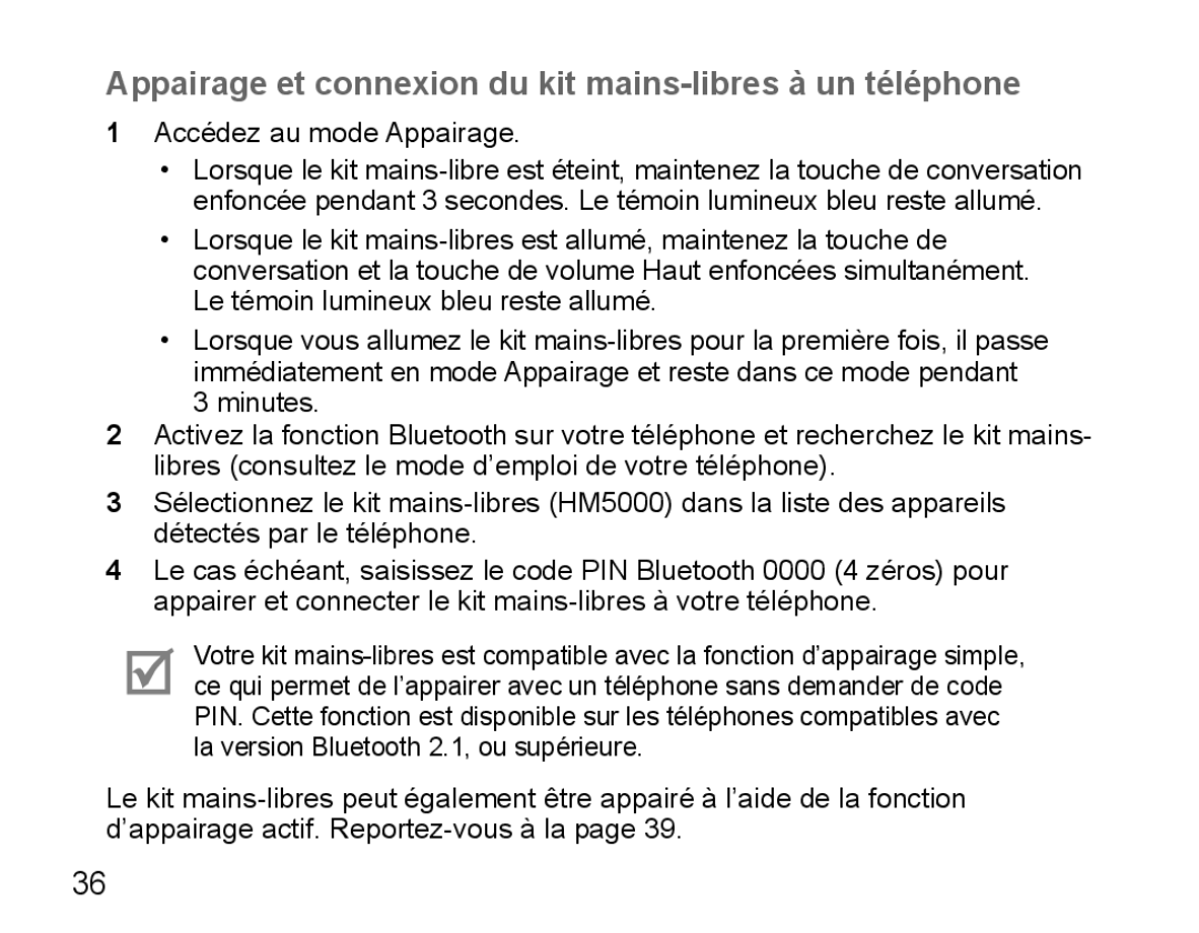 Samsung BHM5000EBECXEH, BHM5000EBECXEF, BHM5000EBECFOP manual Appairage et connexion du kit mains-libres à un téléphone 