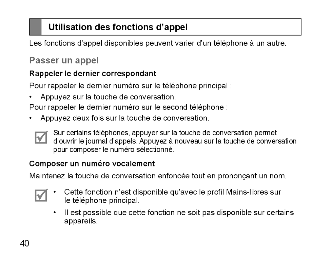 Samsung BHM5000EBECXEE manual Utilisation des fonctions d’appel, Passer un appel, Rappeler le dernier correspondant 