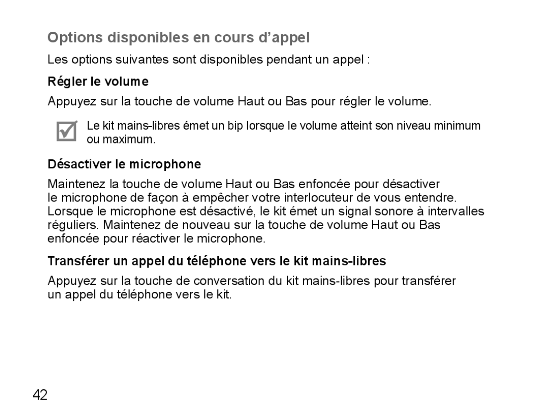 Samsung BHM5000EBRCSER, BHM5000EBECXEF Options disponibles en cours d’appel, Régler le volume, Désactiver le microphone 