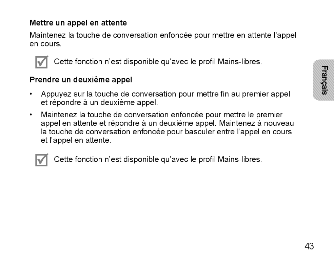 Samsung BHM5000EBECXEF, BHM5000EBECFOP, BHM5000EBECXEE, BHM5000EBECXEH Mettre un appel en attente, Prendre un deuxième appel 