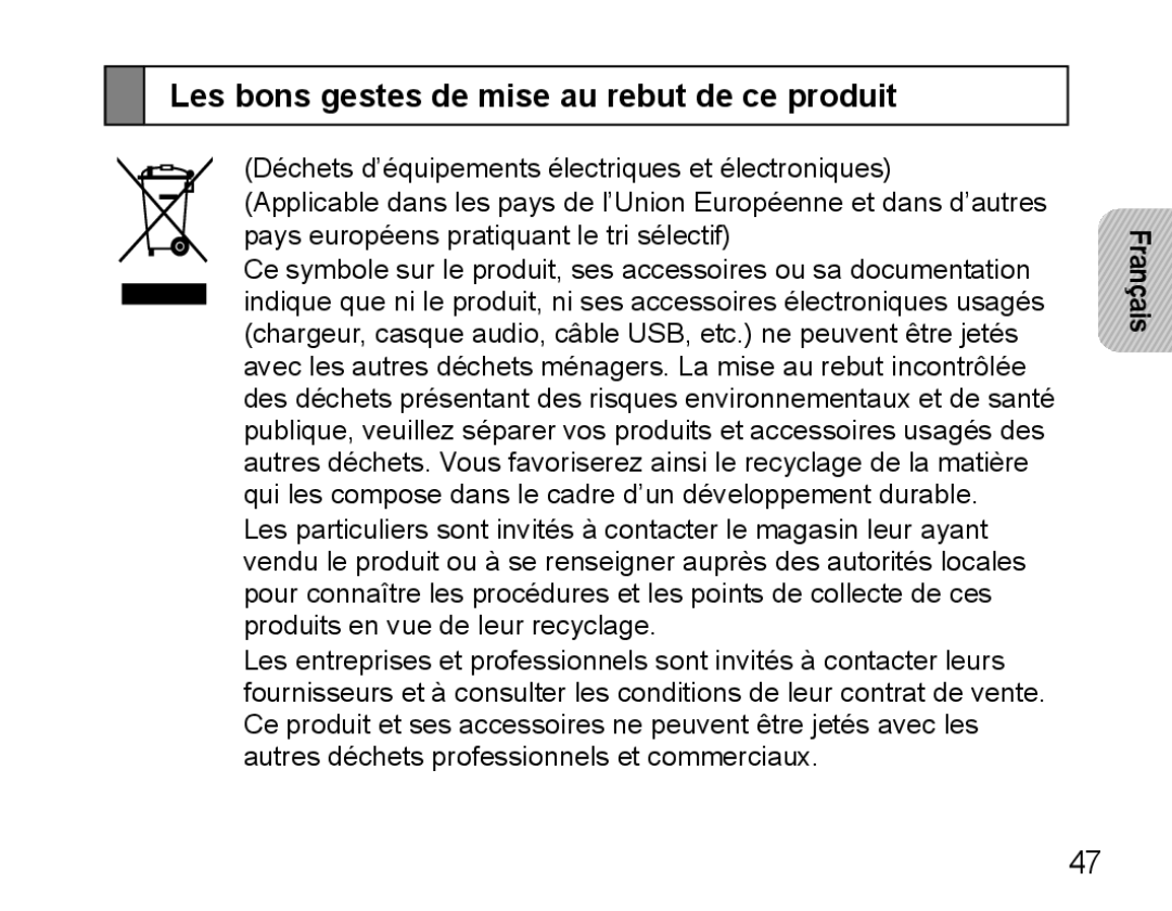 Samsung BHM5000EBRCSER, BHM5000EBECXEF, BHM5000EBECFOP, BHM5000EBECXEE manual Les bons gestes de mise au rebut de ce produit 