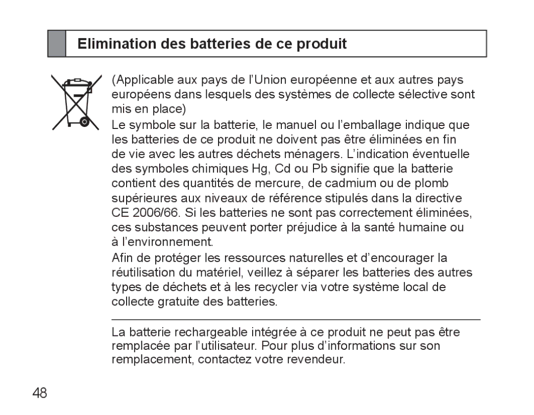 Samsung BHM5000EBECXEF, BHM5000EBECFOP, BHM5000EBECXEE, BHM5000EBECXEH manual Elimination des batteries de ce produit 