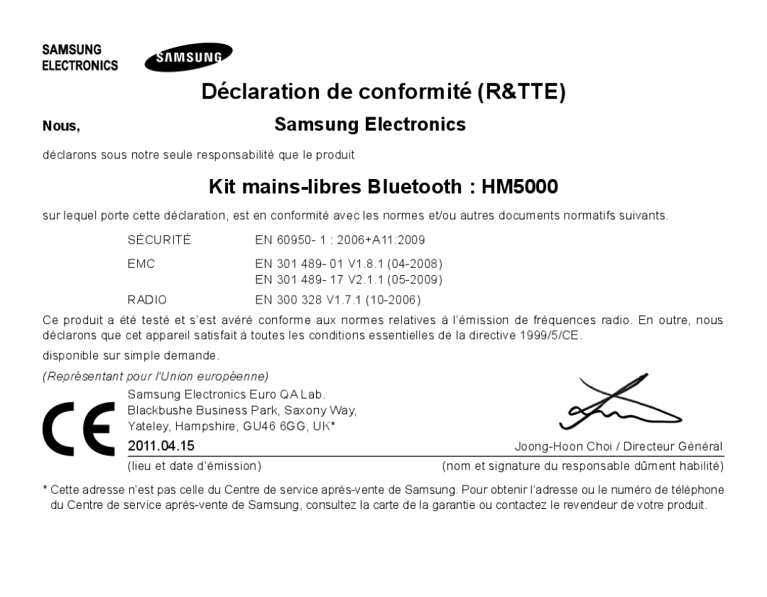 Samsung BHM5000EBECXEE, BHM5000EBECXEF, BHM5000EBECFOP Déclaration de conformité R&TTE, Kit mains-libres Bluetooth HM5000 