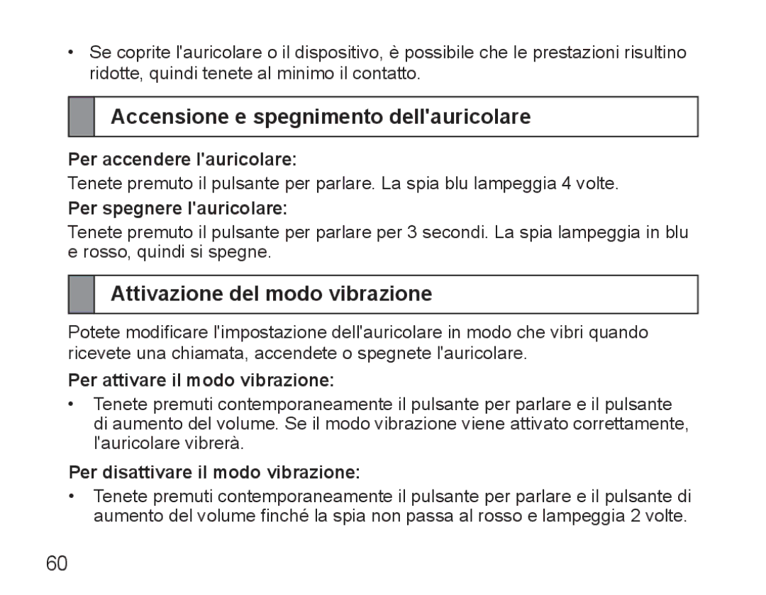 Samsung BHM5000EBECXEE, BHM5000EBECXEF manual Accensione e spegnimento dellauricolare, Attivazione del modo vibrazione 