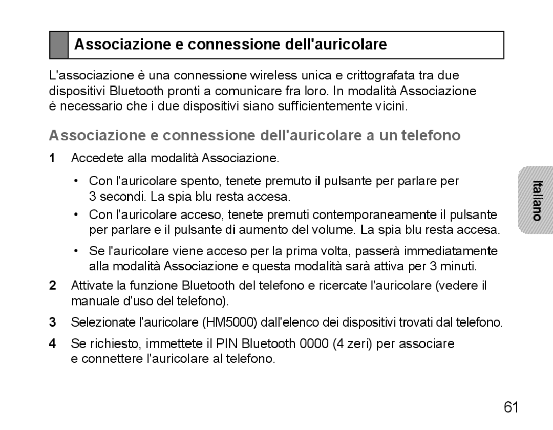 Samsung BHM5000EBECXEH, BHM5000EBECXEF, BHM5000EBECFOP manual Associazione e connessione dellauricolare a un telefono 