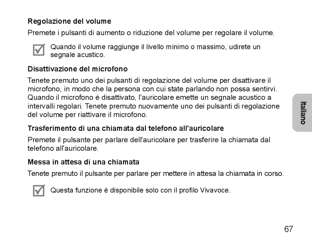 Samsung BHM5000EBRCSER manual Regolazione del volume, Disattivazione del microfono, Messa in attesa di una chiamata 