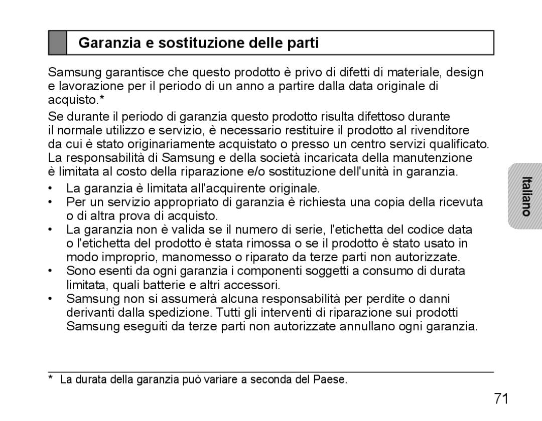 Samsung BHM5000EBECXEH, BHM5000EBECXEF, BHM5000EBECFOP, BHM5000EBECXEE, BHM5000EBRCSER Garanzia e sostituzione delle parti 