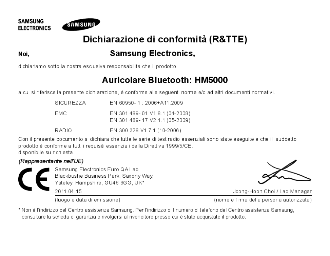 Samsung BHM5000EBECXEH, BHM5000EBECXEF, BHM5000EBECFOP manual Dichiarazione di conformità R&TTE, Auricolare Bluetooth HM5000 