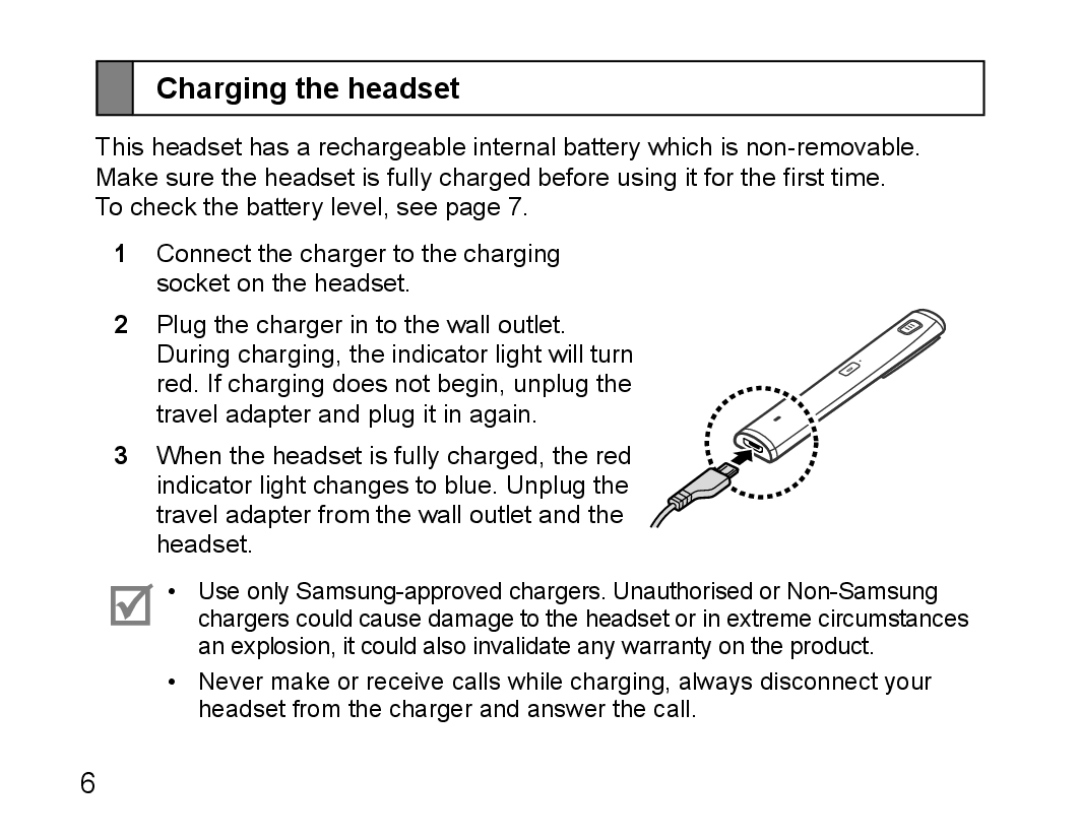 Samsung BHM5000EBECXEH, BHM5000EBECXEF, BHM5000EBECFOP, BHM5000EBECXEE, BHM5000EBRCSER manual Charging the headset 