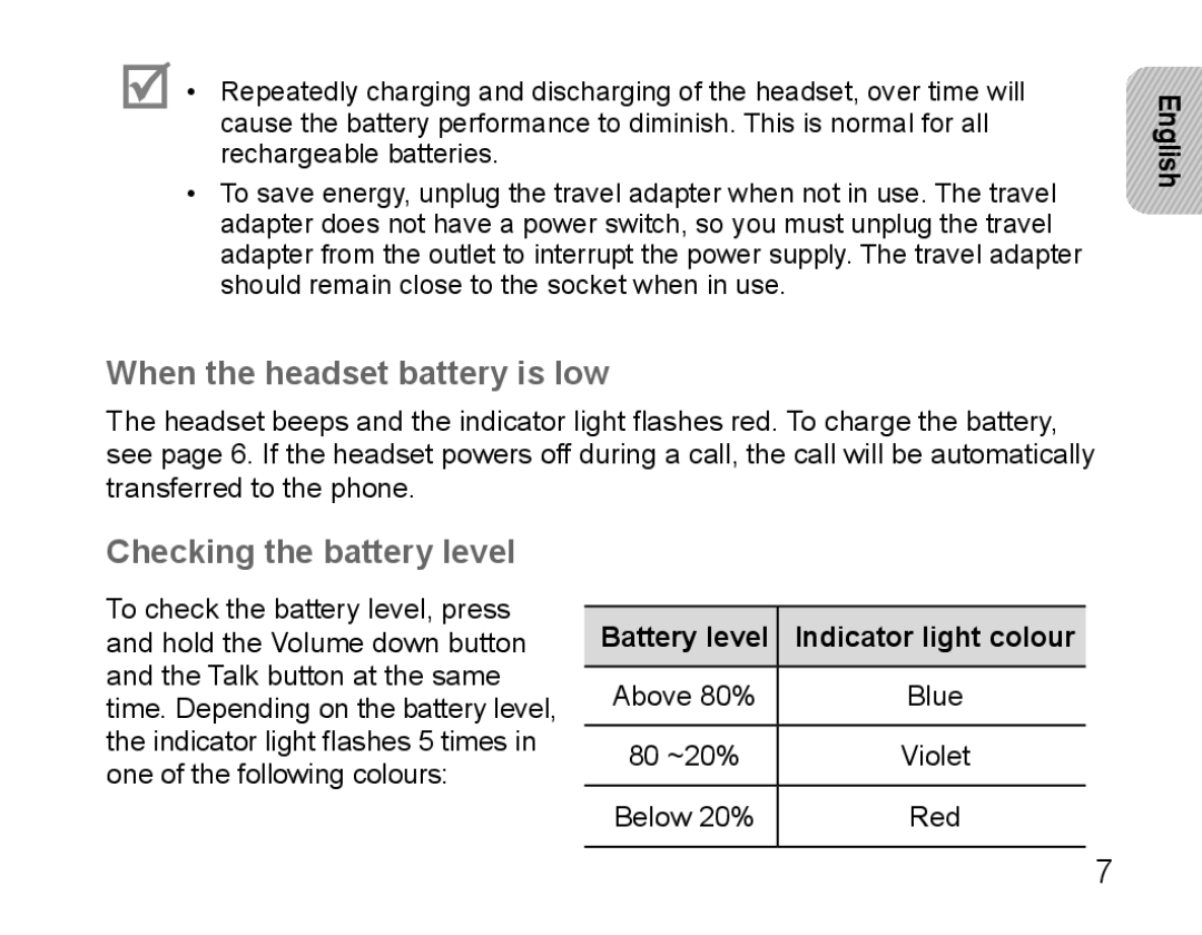 Samsung BHM5000EBRCSER When the headset battery is low, Checking the battery level, Battery level Indicator light colour 