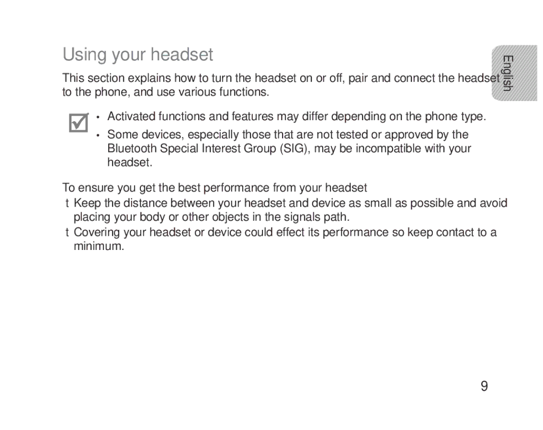 Samsung BHM5000EBECFOP, BHM5000EBECXEF manual Using your headset, To ensure you get the best performance from your headset 