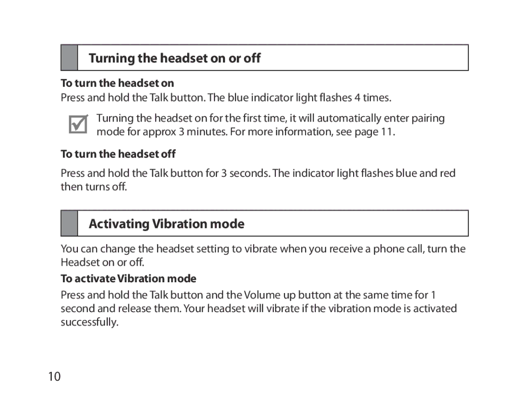 Samsung BHM5000EBECXEE, BHM5000EBECXEF Turning the headset on or off, Activating Vibration mode, To turn the headset on 