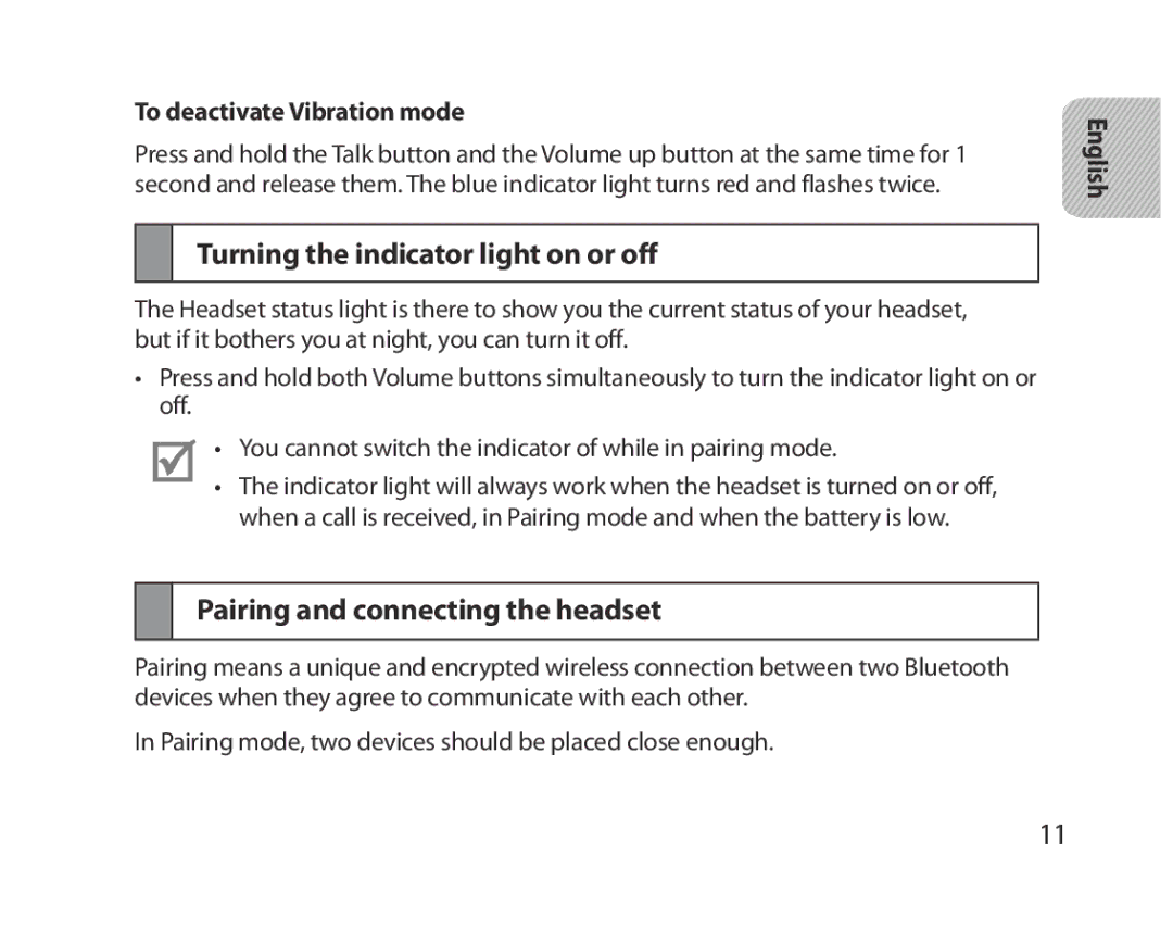 Samsung BHM5000EBECXEH, BHM5000EBECXEF manual Turning the indicator light on or off, Pairing and connecting the headset 