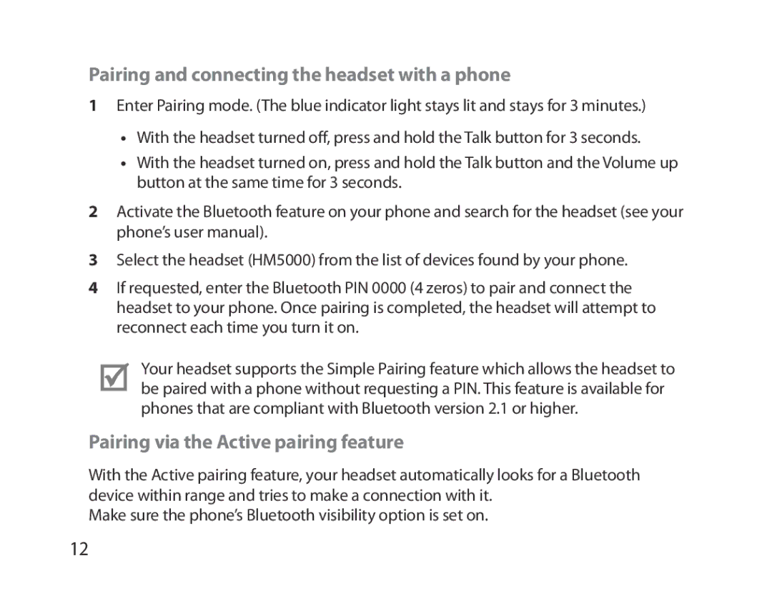 Samsung BHM5000EBRCSER manual Pairing and connecting the headset with a phone, Pairing via the Active pairing feature 