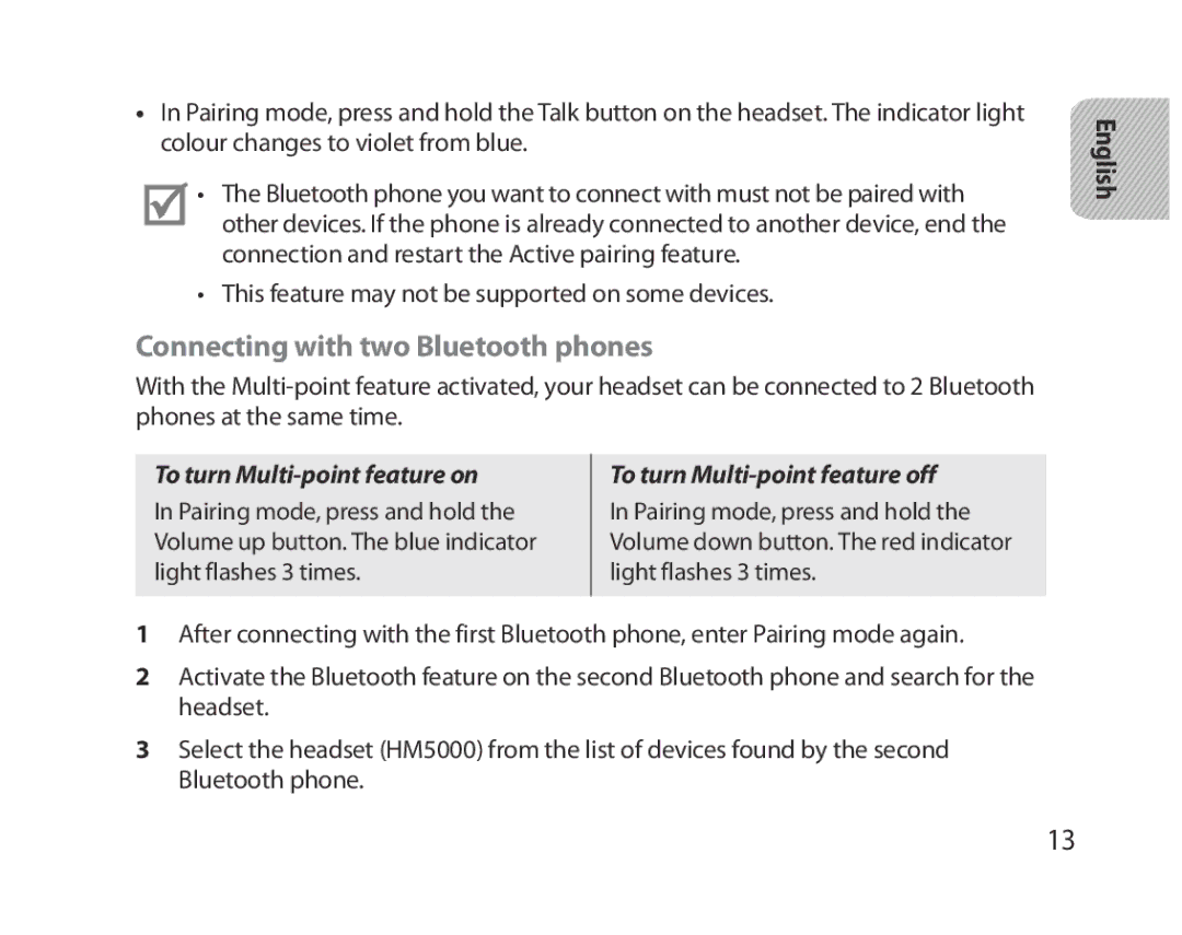 Samsung BHM5000EBECXEF, BHM5000EBECFOP, BHM5000EBECXEE Connecting with two Bluetooth phones, To turn Multi-point feature on 