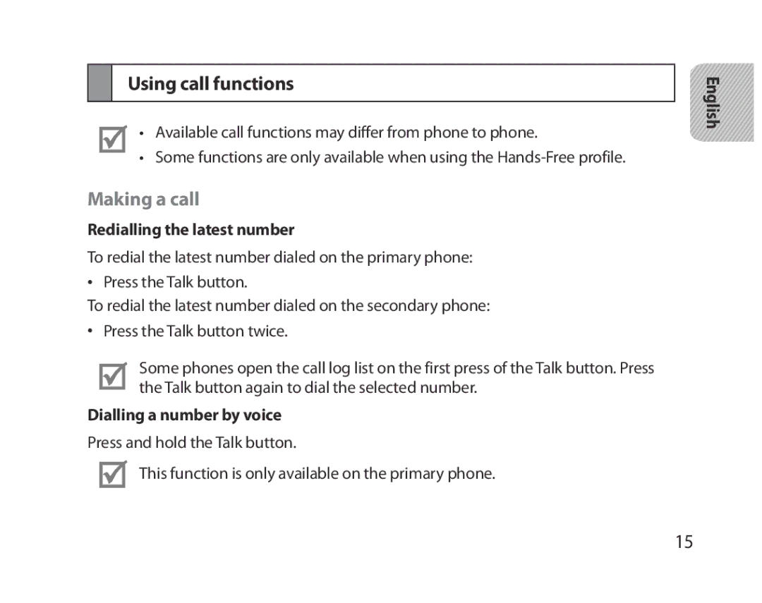 Samsung BHM5000EBECXEE manual Using call functions, Making a call, Redialling the latest number, Dialling a number by voice 