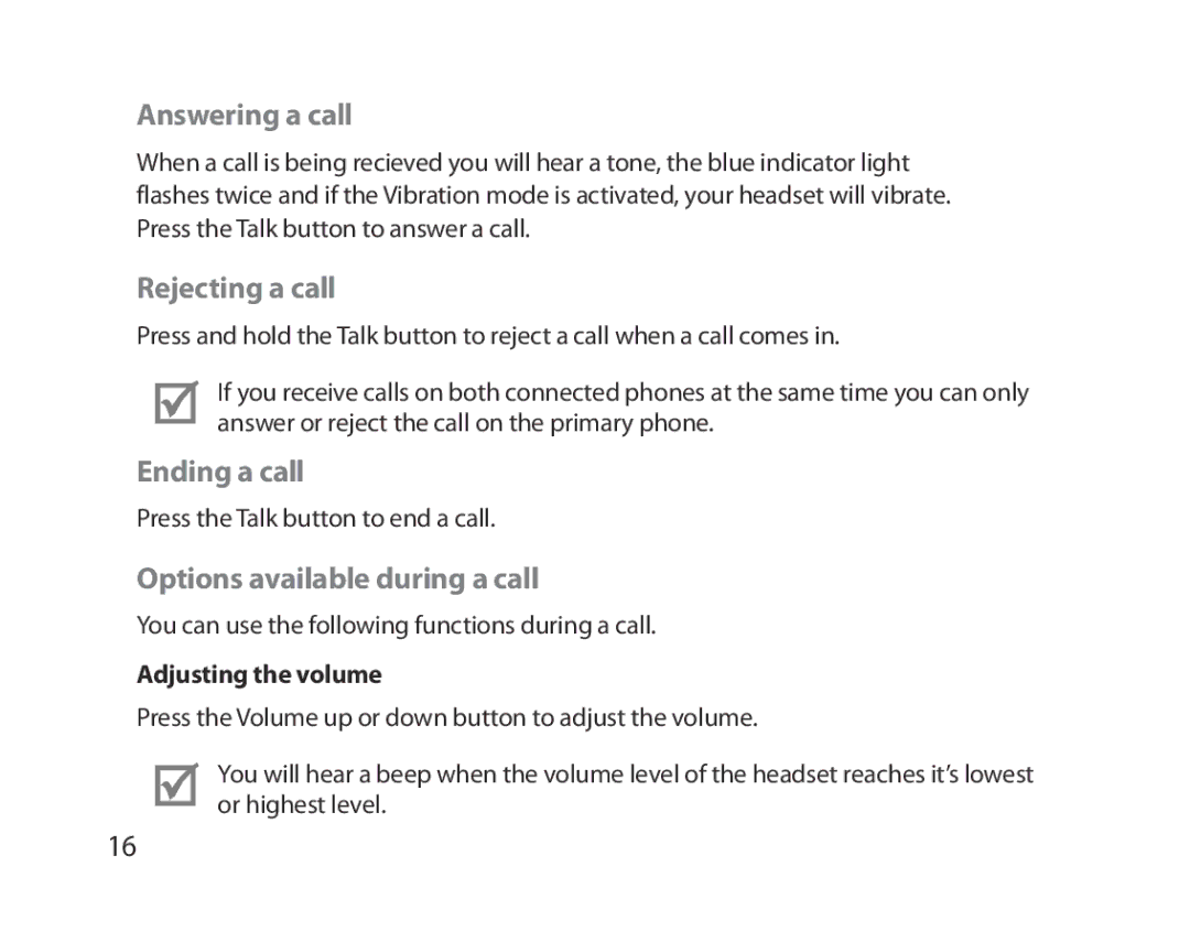 Samsung BHM5000EBECXEH, BHM5000EBECXEF Answering a call, Rejecting a call, Ending a call, Options available during a call 