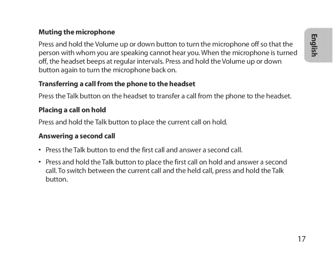 Samsung BHM5000EBRCSER Muting the microphone, Transferring a call from the phone to the headset, Placing a call on hold 