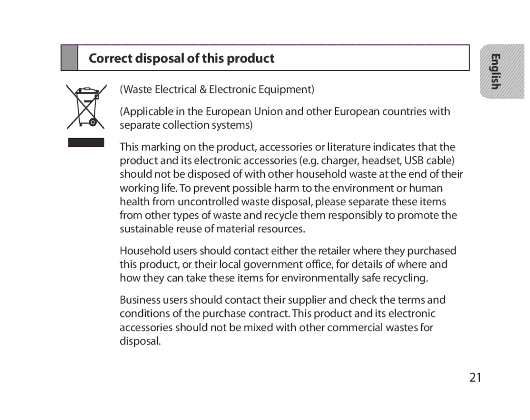 Samsung BHM5000EBECXEH, BHM5000EBECXEF, BHM5000EBECFOP, BHM5000EBECXEE, BHM5000EBRCSER manual Correct disposal of this product 