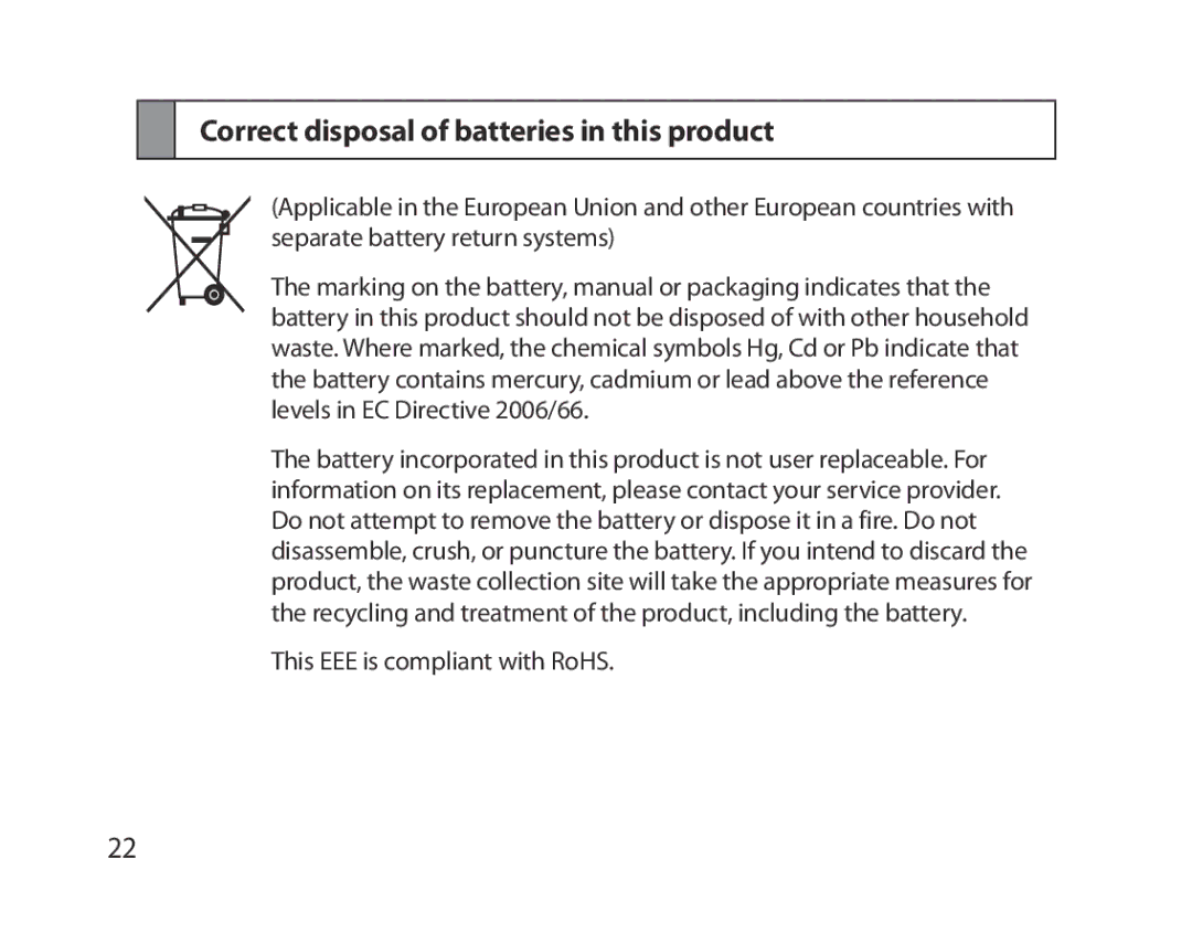 Samsung BHM5000EBRCSER, BHM5000EBECXEF, BHM5000EBECFOP, BHM5000EBECXEE manual Correct disposal of batteries in this product 