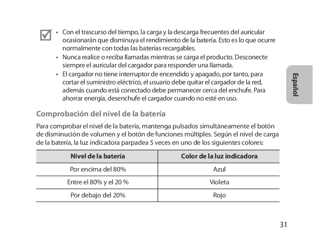 Samsung BHM5000EBECXEH manual Comprobación del nivel de la batería, Nivel de la batería Color de la luz indicadora 