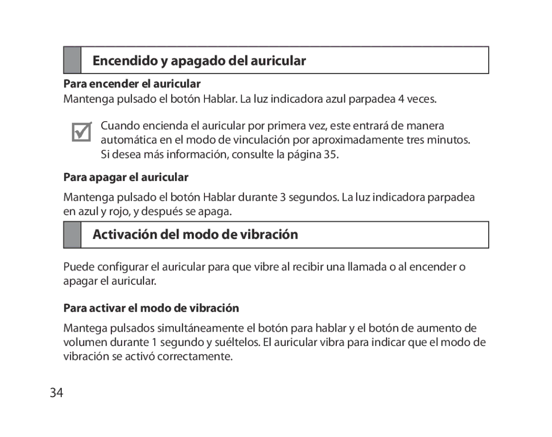 Samsung BHM5000EBECFOP Encendido y apagado del auricular, Activación del modo de vibración, Para encender el auricular 