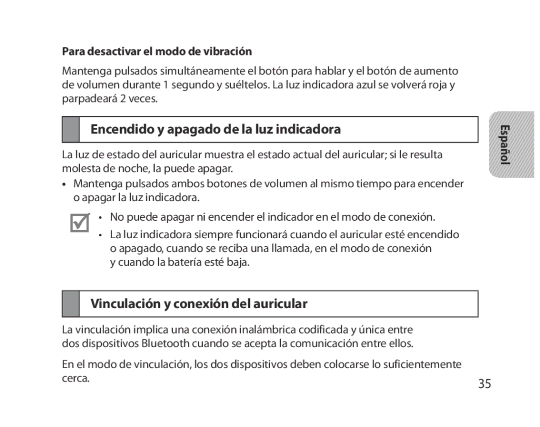 Samsung BHM5000EBECXEE, BHM5000EBECXEF manual Encendido y apagado de la luz indicadora, Vinculación y conexión del auricular 