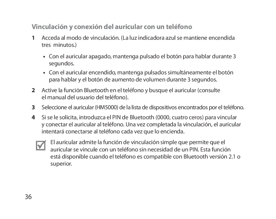 Samsung BHM5000EBECXEH, BHM5000EBECXEF, BHM5000EBECFOP, BHM5000EBECXEE Vinculación y conexión del auricular con un teléfono 