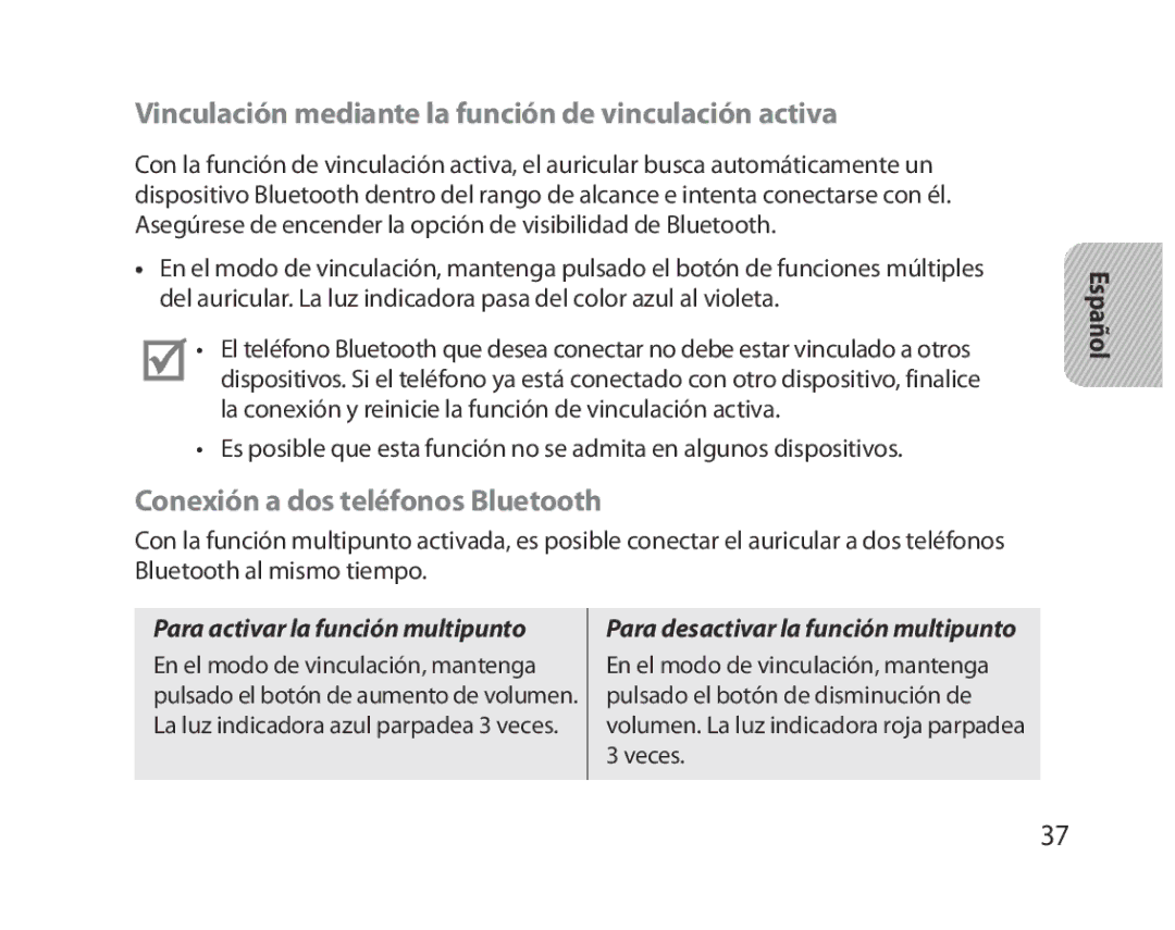 Samsung BHM5000EBRCSER manual Vinculación mediante la función de vinculación activa, Conexión a dos teléfonos Bluetooth 