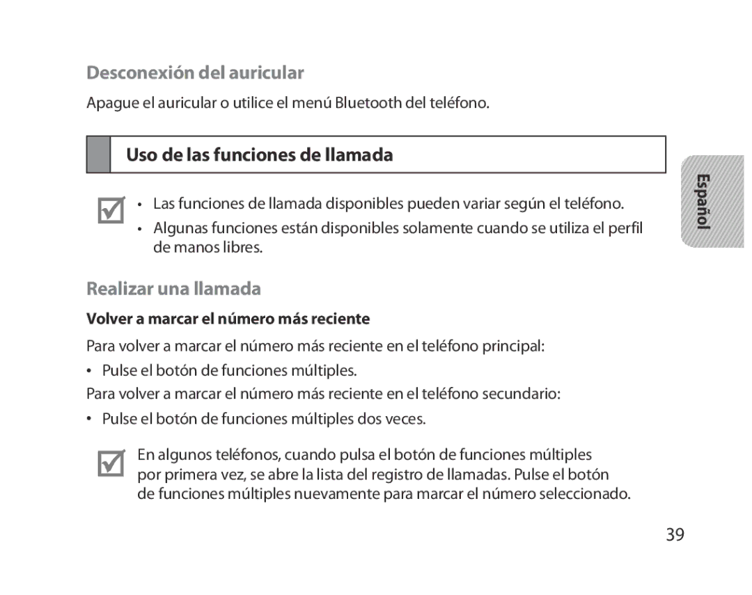 Samsung BHM5000EBECFOP, BHM5000EBECXEF Desconexión del auricular, Uso de las funciones de llamada, Realizar una llamada 