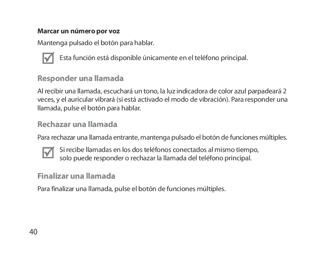 Samsung BHM5000EBECXEE manual Responder una llamada, Rechazar una llamada, Finalizar una llamada, Marcar un número por voz 