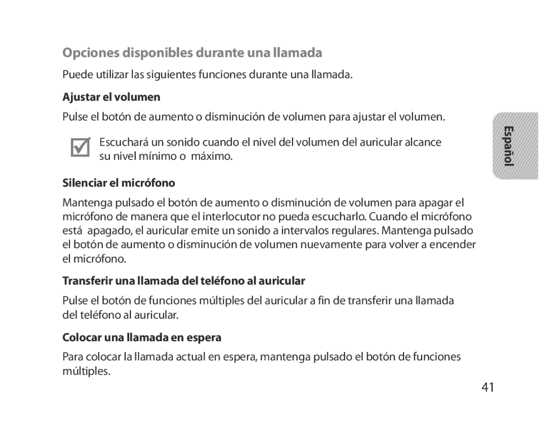 Samsung BHM5000EBECXEH manual Opciones disponibles durante una llamada, Ajustar el volumen, Silenciar el micrófono 