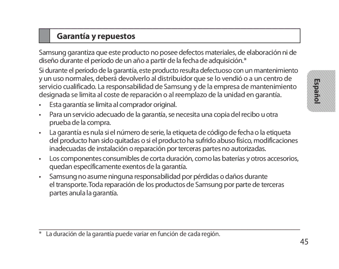 Samsung BHM5000EBECXEE, BHM5000EBECXEF, BHM5000EBECFOP, BHM5000EBECXEH, BHM5000EBRCSER manual Garantía y repuestos 