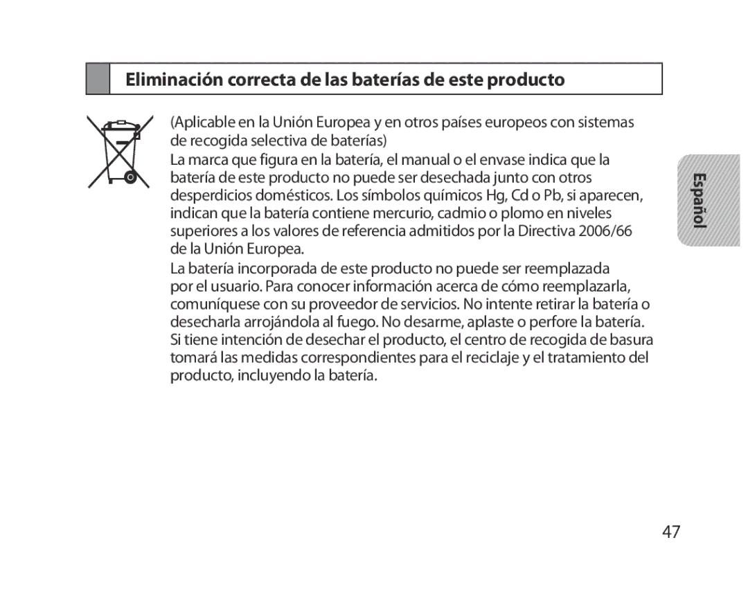 Samsung BHM5000EBRCSER, BHM5000EBECXEF, BHM5000EBECFOP, BHM5000EBECXEE Eliminación correcta de las baterías de este producto 